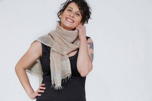 Laguna by SOSH - Handwoven Cotton & Silk Scarf, Color Beige