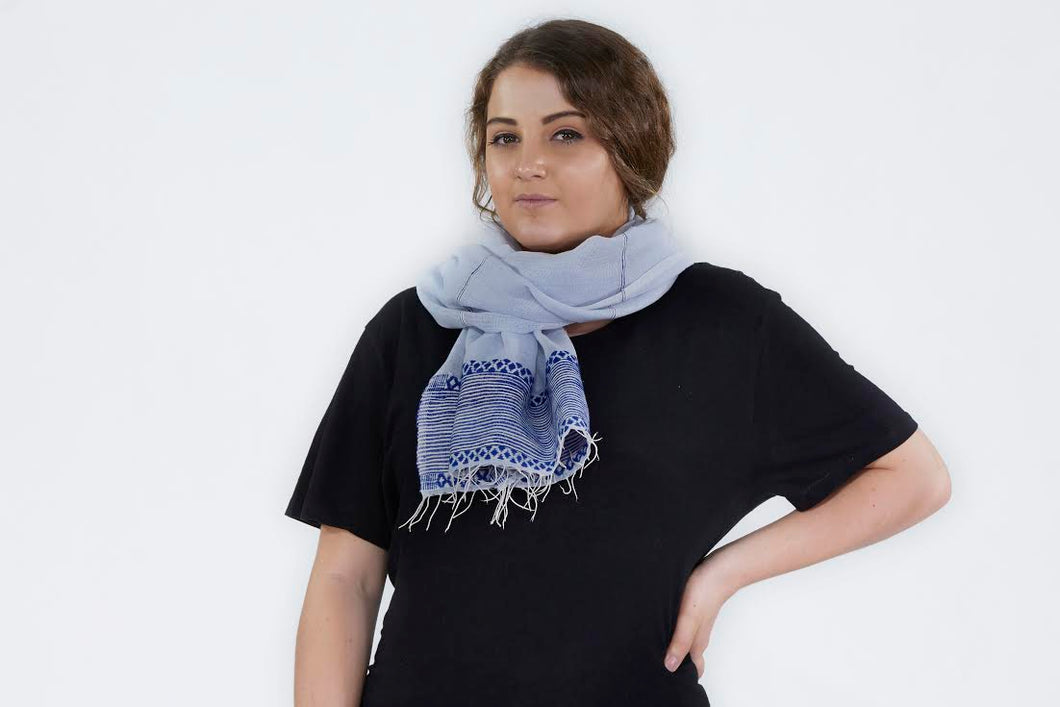 Pismo by SOSH - Handwoven Cotton & Silk Scarf, Blue